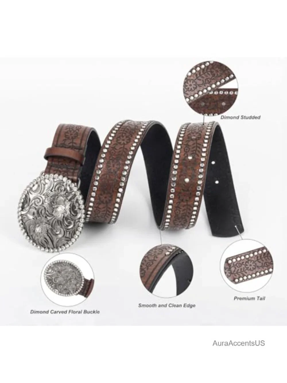 Western Belt for Women Rhinestone PU Leather Cowgirl Belt Diamond Buckle